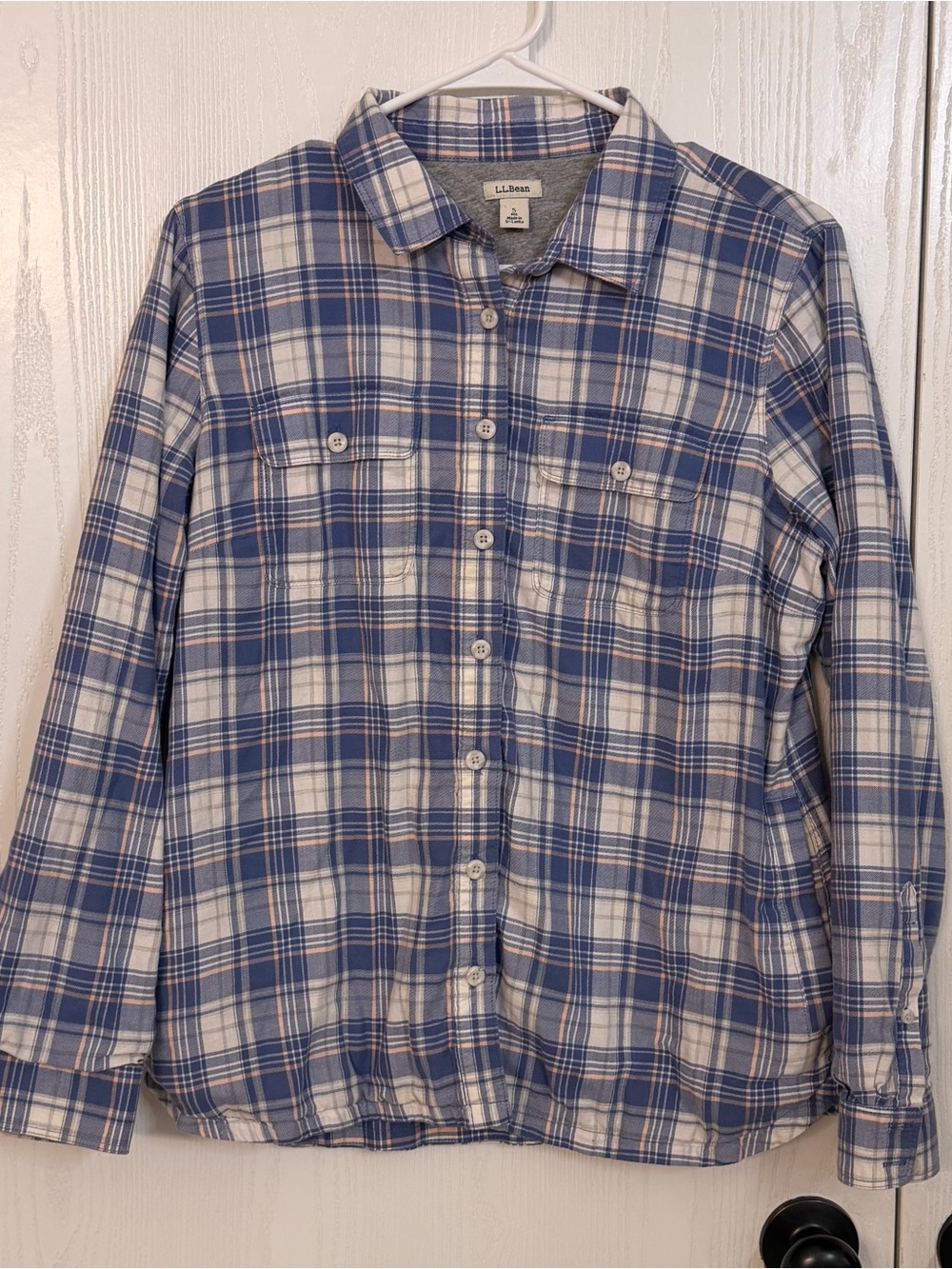 L.L.Bean Blue White & Tan Plaid Shirt fleece lined